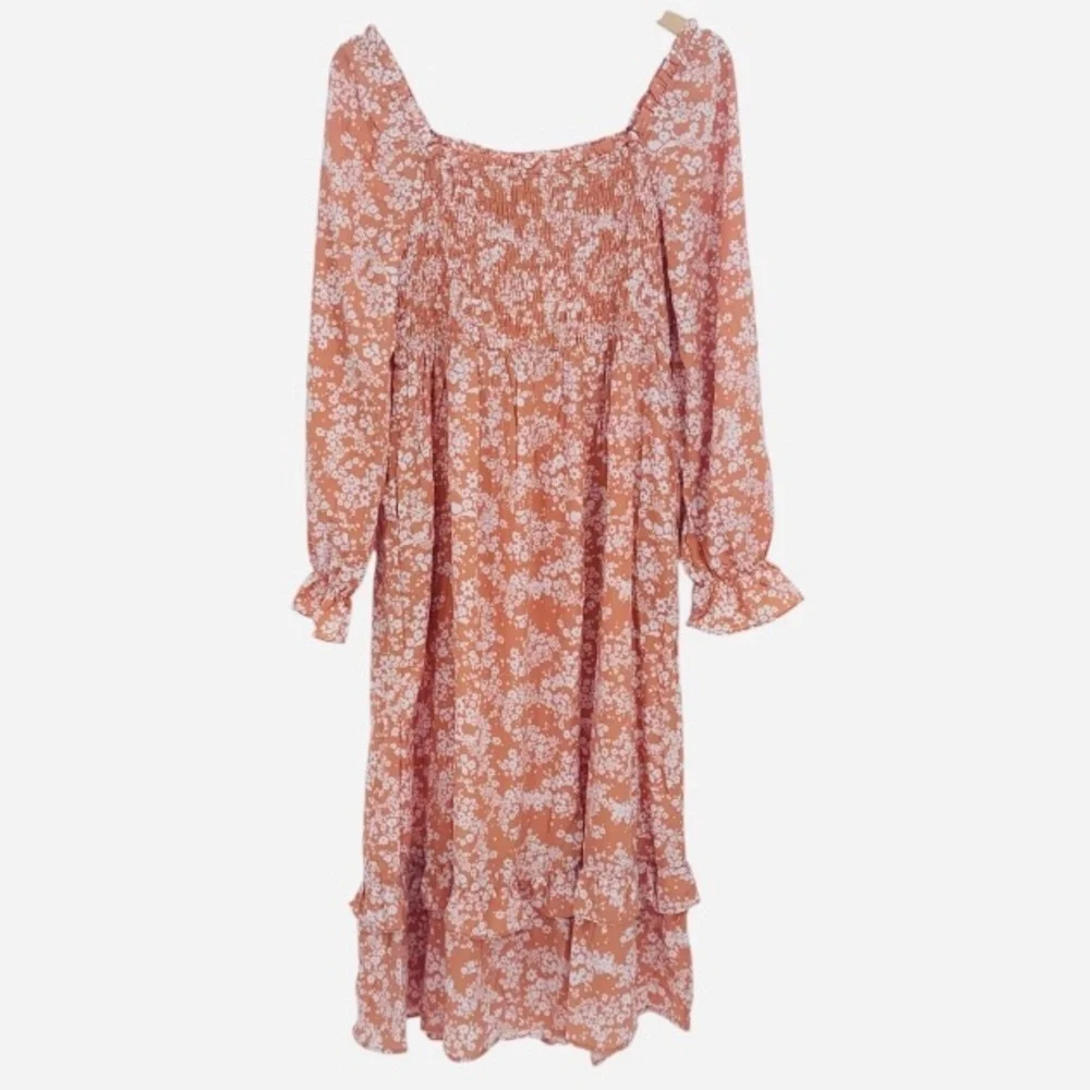 Floral Long Sleeve Dress orange peach and cream Midi bohemian NWT cottagecore L - Picture 4 of 13